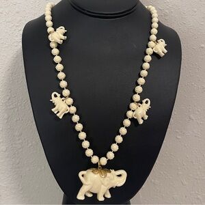 Vintage Necklace Carved Elephant Charm Ivory Tone Statement